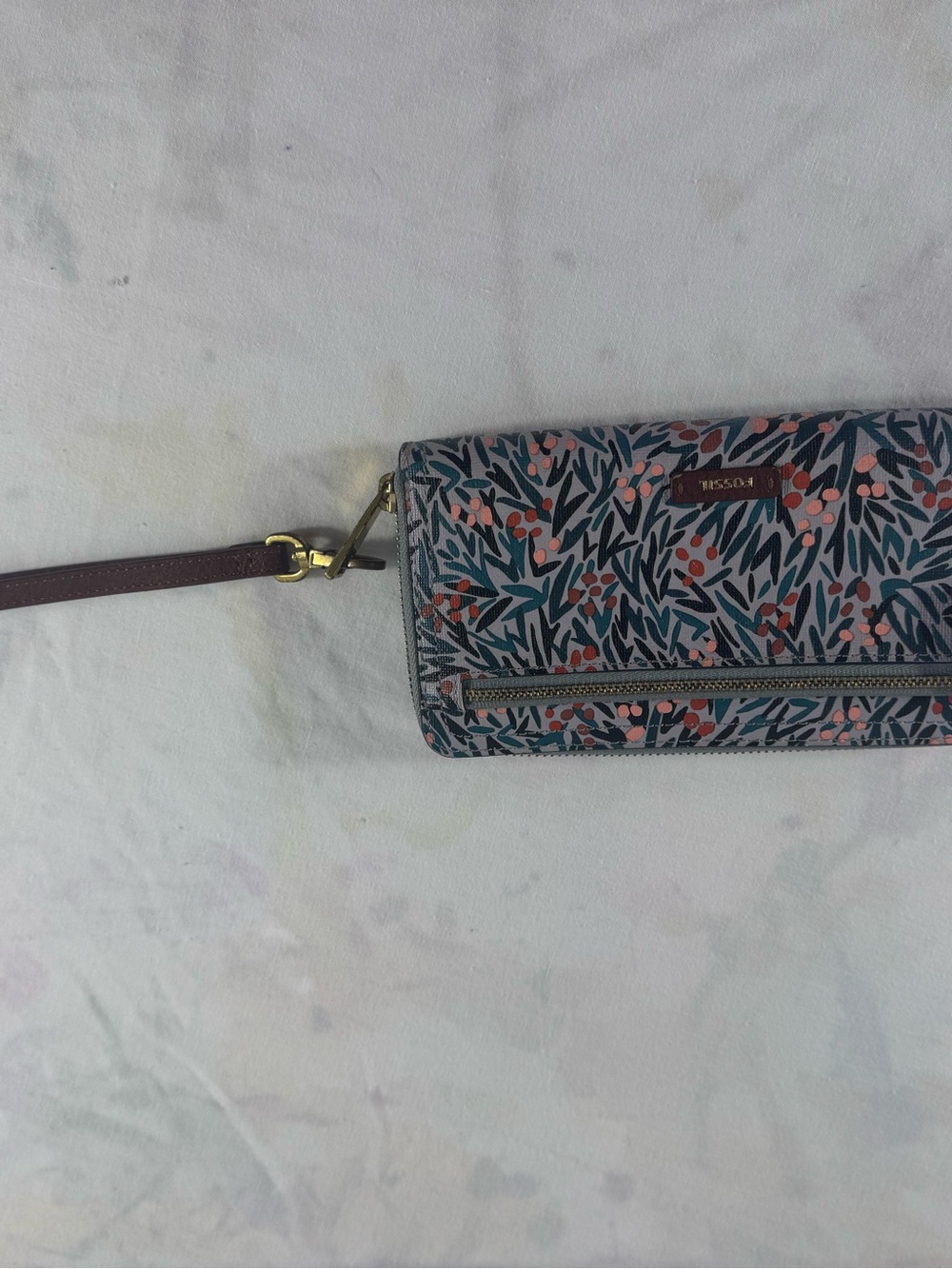 Fossil Logan RFID Zip Around Clutch Wristlet Wallet Blue Floral BOHO EC